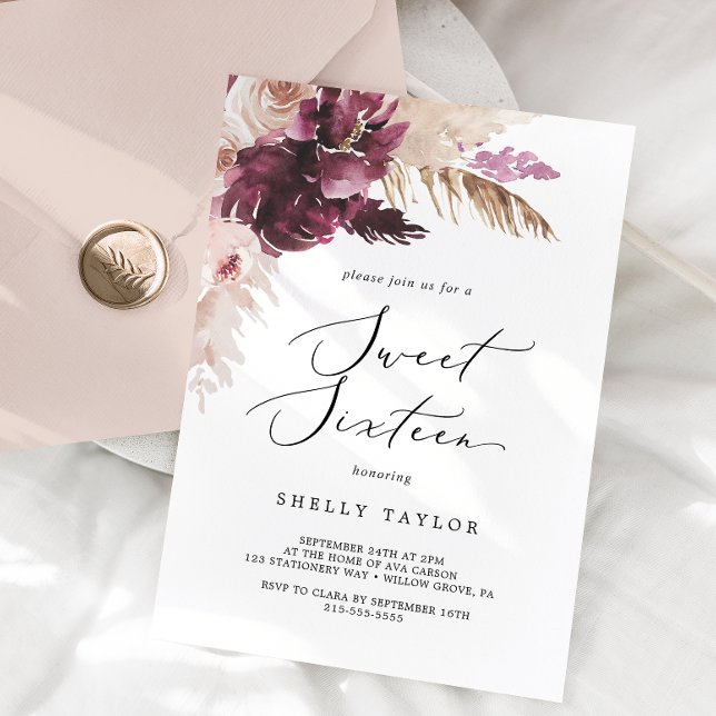 Boho Pampas Grass Sweet Sixteen Birthday Invitation (Creator Uploaded)