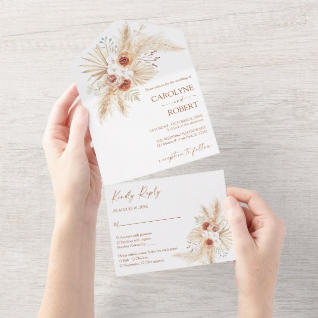 Boho Pampas Grass Terracotta All In One Wedding Invitation (Tearaway)