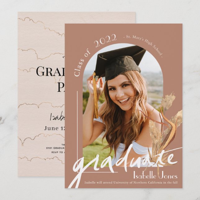 Boho Pampas Grass Terracotta Arch Photo Graduation Invitation (Front/Back)