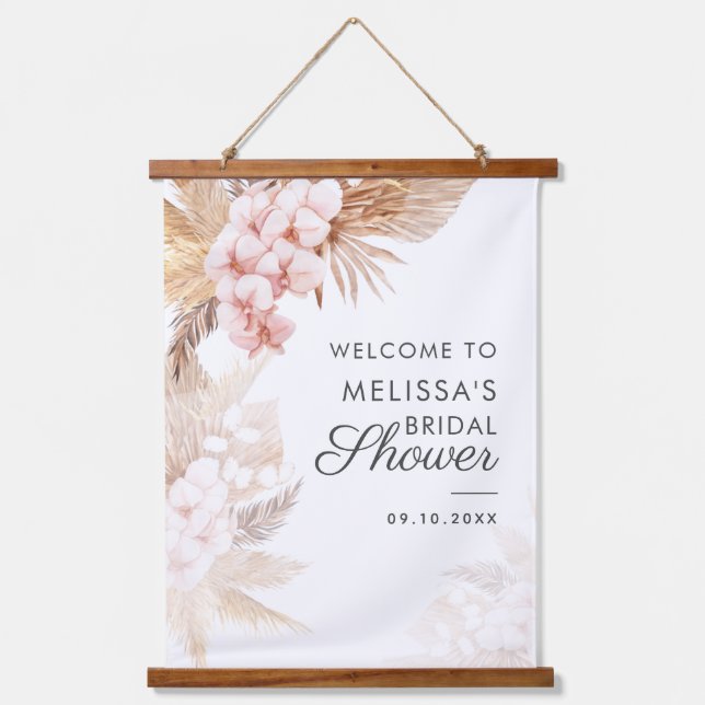 Boho Pampas Grass Terracotta Bridal Shower Welcome Hanging Tapestry (Front)