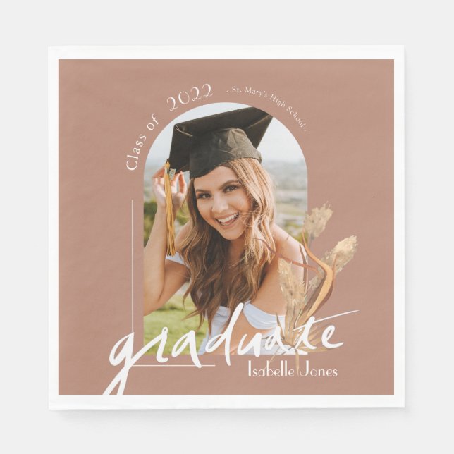 Boho Pampas Grass Terracotta Photo Graduation Napkin (Front)