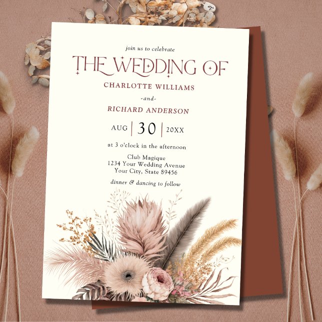 Boho Pampas Grass Terracotta Wedding Invitation (Creator Uploaded)