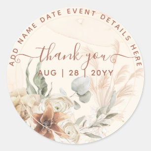  Boho Pampas Grass Thank You Favour Classic Round Sticker