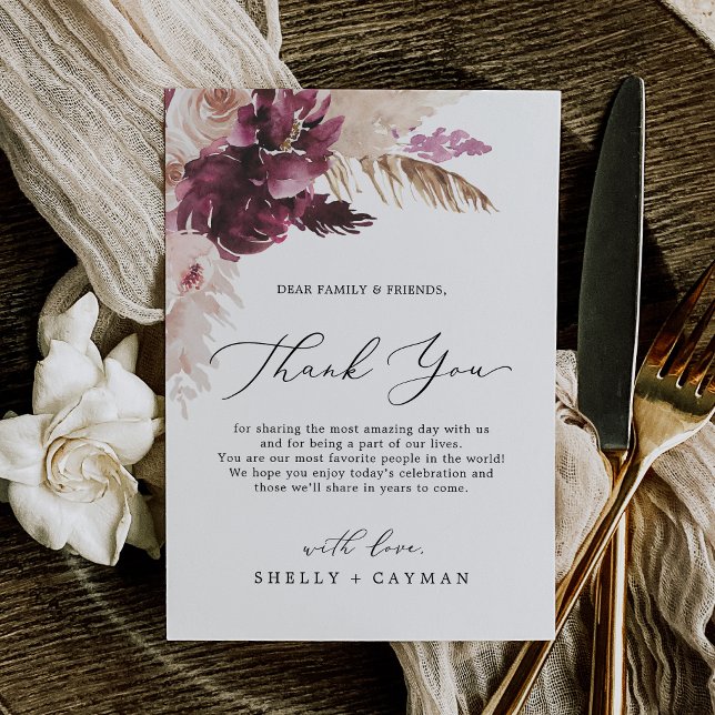 Boho Pampas Grass Thank You Reception Card (Boho Pampas Grass Thank You Reception Card)