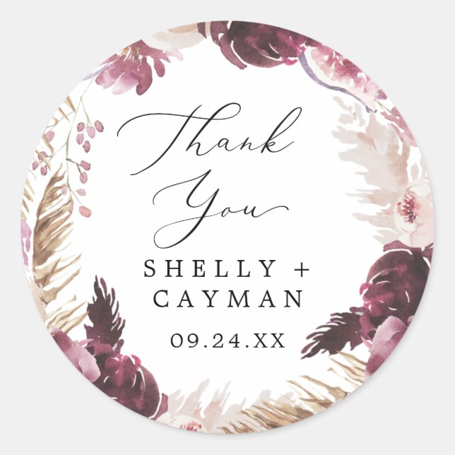 Boho Pampas Grass Thank You Wedding Favour Sticker (Front)