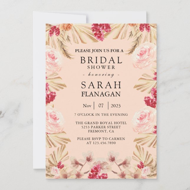 Boho Pampas Grass Watercolor Bridal Shower Invitation (Front)