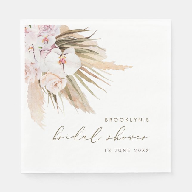 Boho Pampas Grass Watercolor Floral Bridal Shower Napkin (Front)