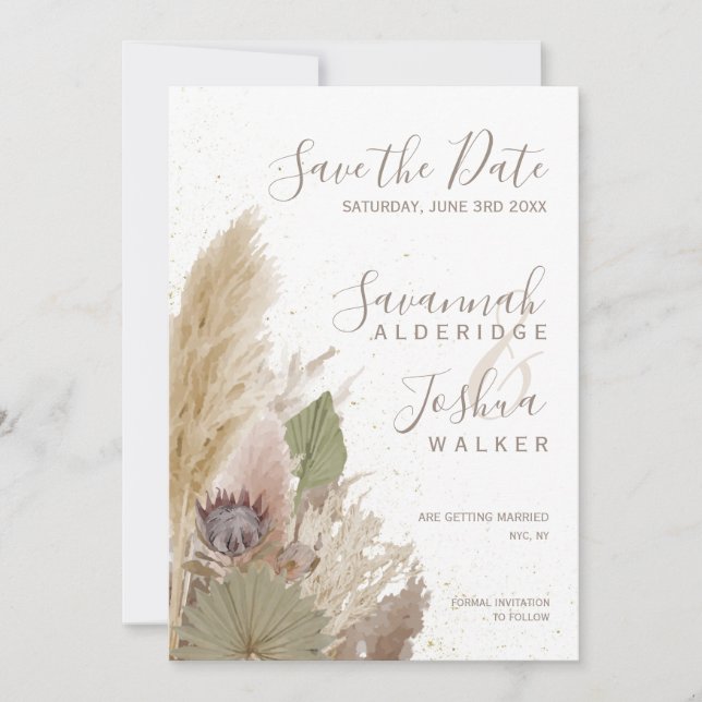 BOHO PAMPAS GRASS WATERCOLOR SAVE THE DATE INVITATION (Front)
