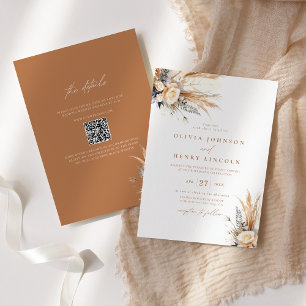Boho Pampas Grass Wedding Floral QR Code Invitation