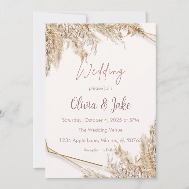 Boho Pampas Grass Wedding Invitation — Beige/Blush (Front)