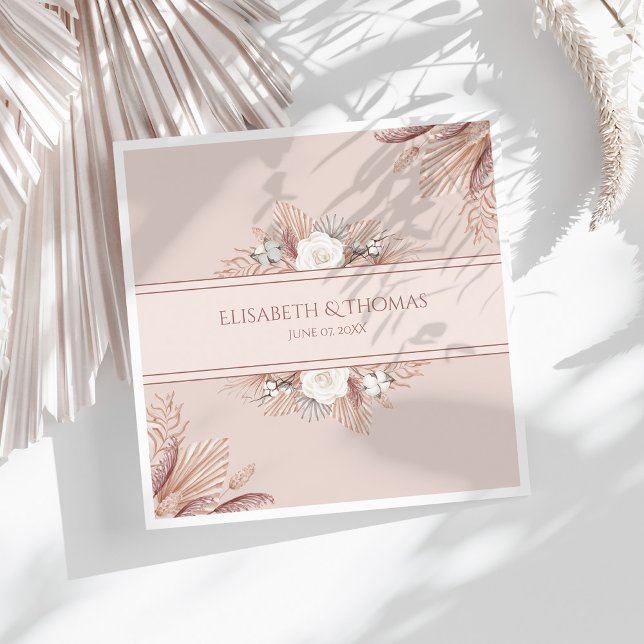 Boho Pampas Grass Wedding  Napkin (Boho Pampas Grass Wedding Napkins on a sunny white table with dry palm leaf.)