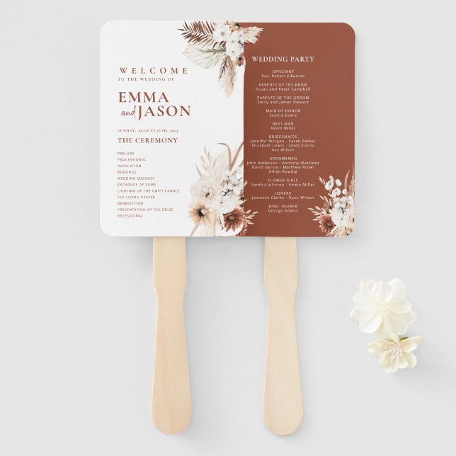 Boho Pampas Grass Wedding Program Fan Hand (Front and Back)