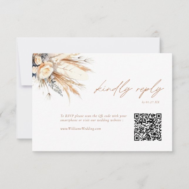 Boho Pampas Grass Wedding RSVP QR Code Card (Front)