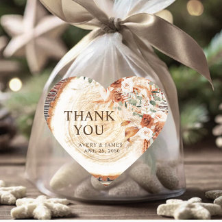 Boho Pampas Grass Wedding Wood Slice Thank You Heart Sticker