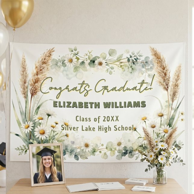 Boho Pampas Grass White Daisies Graduation Party Banner (Creator Uploaded)