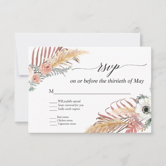 Boho Pampas Grass White Floral Tropical Palm RSVP Card (Front)