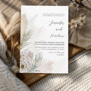 Boho Pampas Grass & White Floral Wedding  Invitation