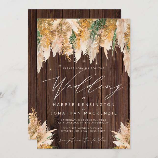Boho Pampas Grass Wood Twinkle Lights Wedding Invitation (Front/Back)