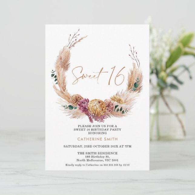 Boho Pampas Grass Wreath Sweet 16 Birthday Invitation (Standing Front)