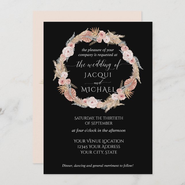 Boho Pampas Grass Wreath Tropical Black Floral Invitation (Front/Back)