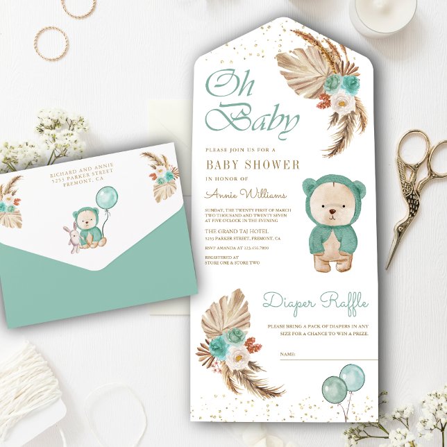 Boho Pampas Green Floral Teddy Bear Baby Shower All In One Invitation (Creator Uploaded)