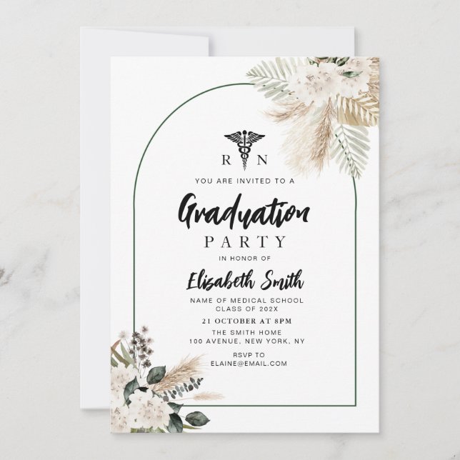 boho pampas greenery nursing graduation party invitation (Front)