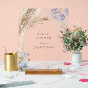 Boho Pampas Icy Blue Bridal Shower Acrylic Sign