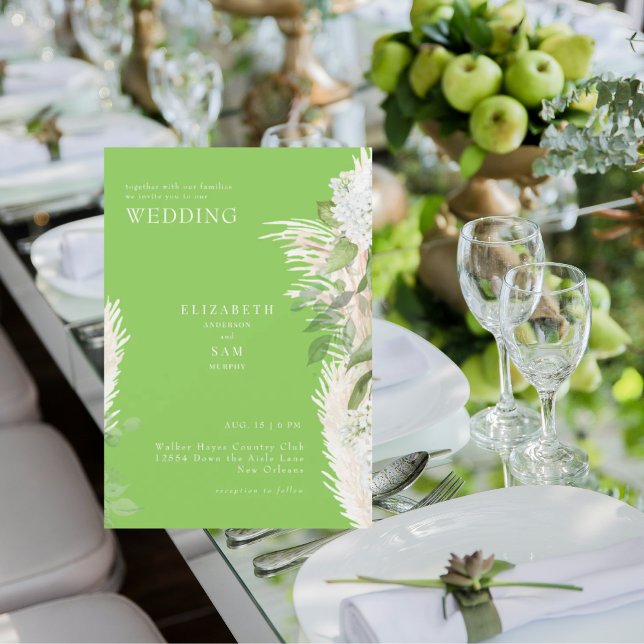 Boho Pampas Lime Green White Hydrangea Wedding Invitation (Creator Uploaded)