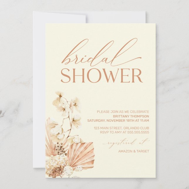 Boho Pampas Modern Bridal Shower floral Invitation (Front)