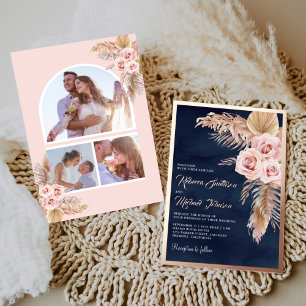 Boho Pampas Navy Blue Dusty Pink Wedding Rose Gold