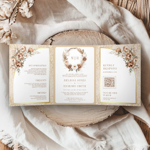 Boho Pampas Neutral Beige Earthy Floral Wedding Tri-Fold Invitation