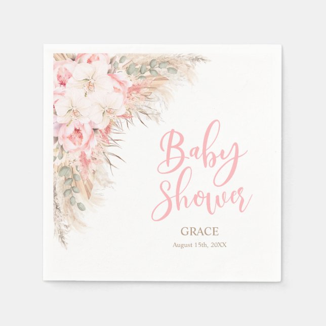 Boho Pampas Orchids Peonies Neutral Baby Shower Napkin (Front)