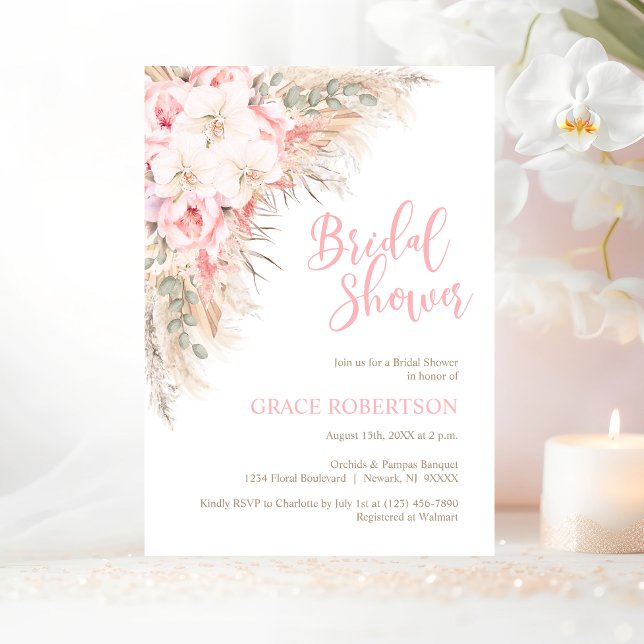 Boho Pampas Orchids Peonies Neutral Bridal Shower Invitation (Boho Pampas Orchids Peonies Pampas Grass Bridal Shower Invitation)