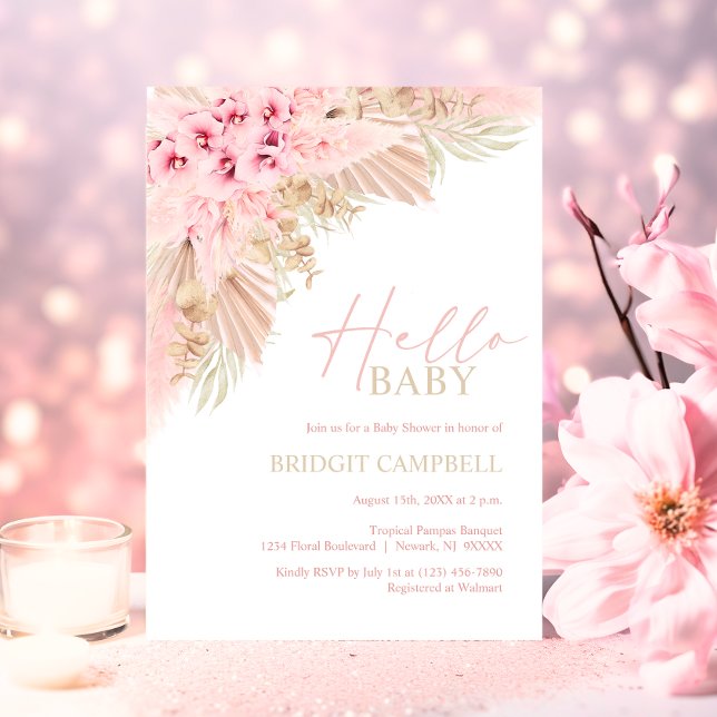 Boho Pampas Orchids Pink Neutral HELLO Baby Shower Invitation (Boho Pampas Orchids Pink Neutral HELLO Baby Shower Invitation)