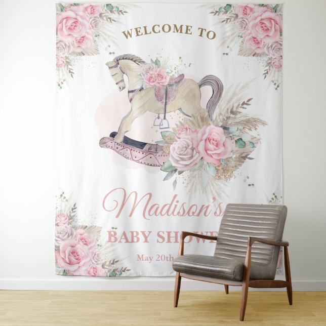 Boho Pampas Pink Floral Rocking Horse Backdrop Tapestry (In Situ)