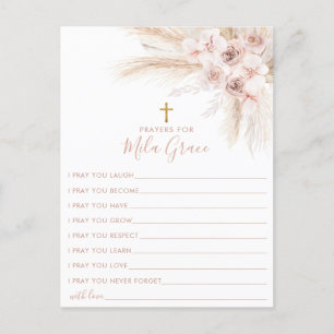 Boho Pampas Pink Girl Floral Baptism Prayer Card  