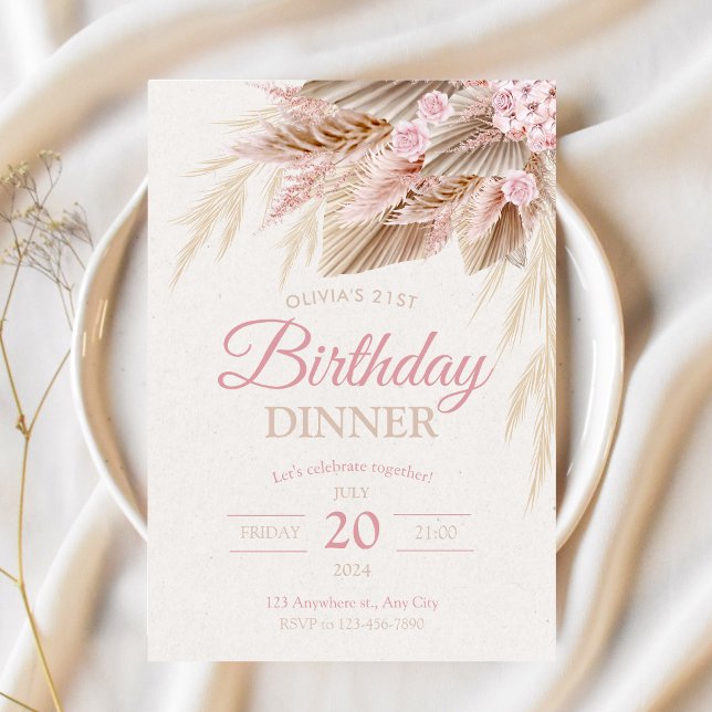 Boho Pampas Pink Modern Chic Birthday Girl Invitation (Creator Uploaded)