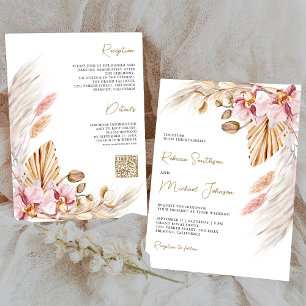 Boho Pampas Pink Orchid Floral QR Code Wedding Invitation