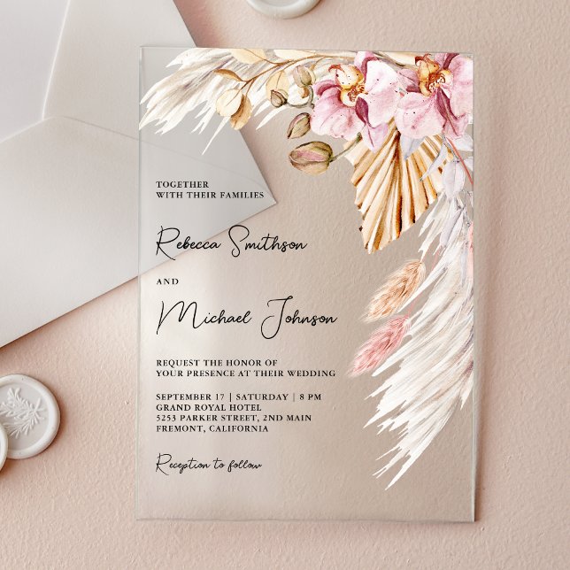 Boho Pampas Pink Orchid Floral Wedding Acrylic Invitations (Creator Uploaded)