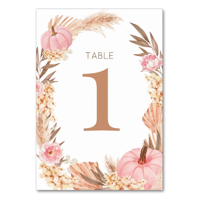 Boho Pampas pink  Pumpkin Table number (Front)