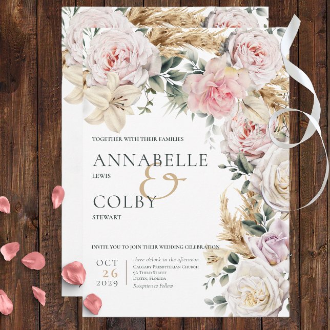 Boho Pampas & Pink Roses Cream Wedding Invitation (Creator Uploaded)