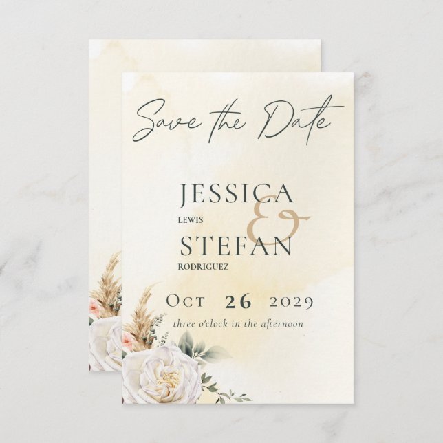 Boho Pampas & Pink Roses Cream Wedding Save The Date (Front/Back)