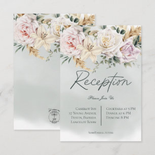 Boho Pampas & Pink Roses Green Reception Card