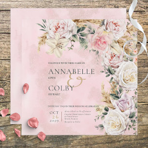 Boho Pampas & Pink Roses Square Wedding Invitation