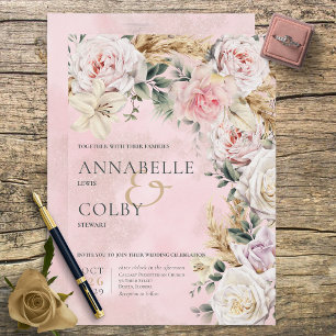 Boho Pampas & Pink Roses Wedding Invitation