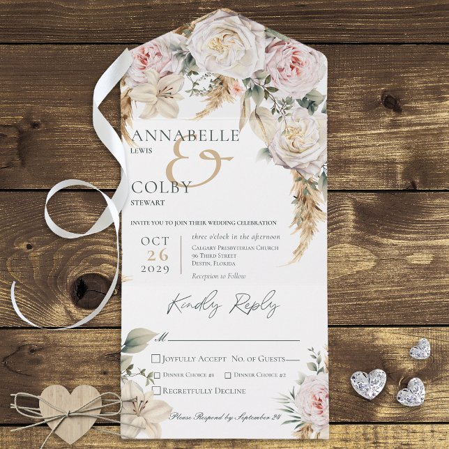 Boho Pampas & Pink Roses White Dinner All In One Invitation (Creator Uploaded)