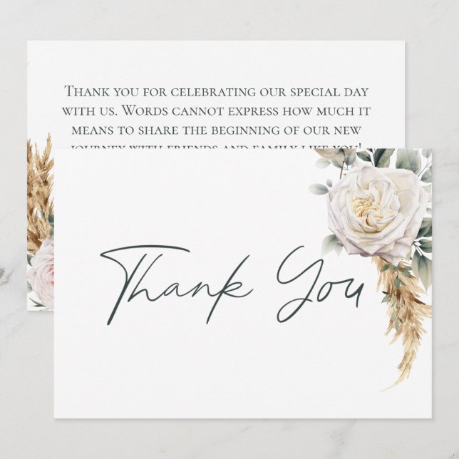 Boho Pampas & Pink Roses White Wedding Thank You Card (Front/Back)