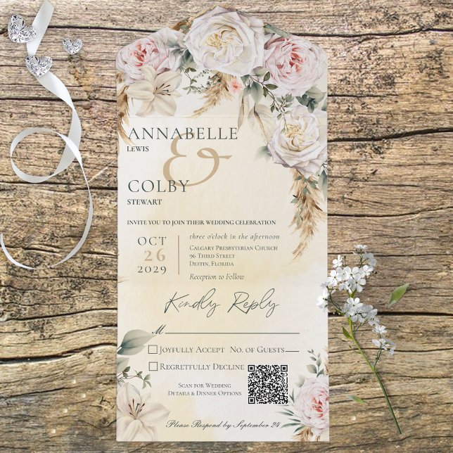 Boho Pampas & Pink Roses Yellow QR Code All In One Invitation (Creator Uploaded)