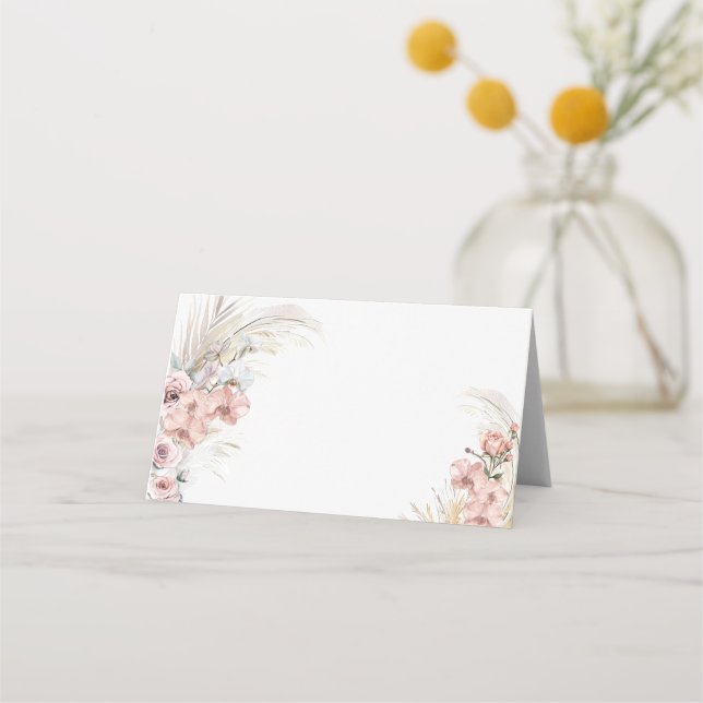 Boho Pampas Place Card Blush Pink Floral (Front)
