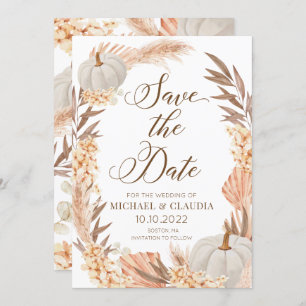 Boho Pampas Pumpkin White Fall Save the Date Invitation